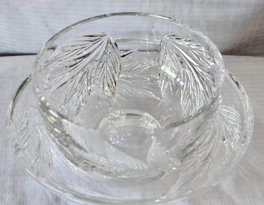 Tiffany & Company Botanical Leaf Cut Crystal Bowl & UnderPlate Signed Emil Brost